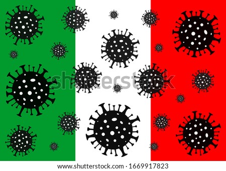 Coronavirus in Italy. Coronavirus danger. Novel coronavirus (2019-nCoV), Abstract virus strain model. Coronavirus on the background of the flag of Italy