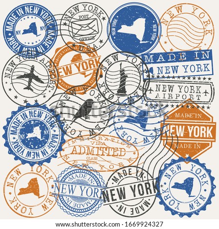 New York, NY, USA Set of Stamps. Travel Passport Stamps. Made In Product. Design Seals in Old Style Insignia. Icon Clip Art Vector Collection.