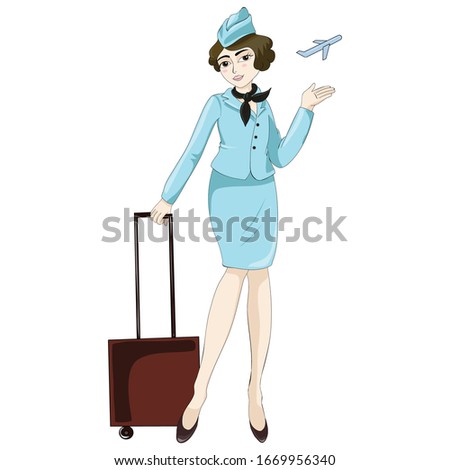 Flight attendant in blue uniform with a dark suitcase 