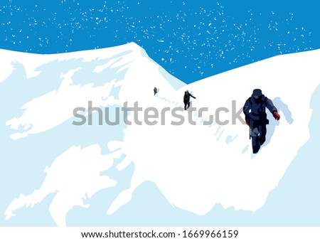 3 mountaineers hiking on a mountain side in the snow