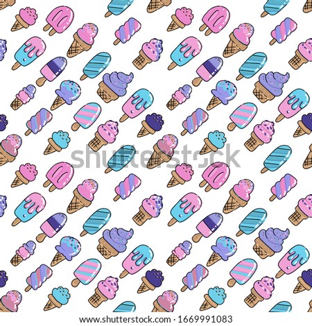 Icecream background seamless pattern. Doodle hand drawn art ice cream in modern pink and violet color. Different Dessert food. Set of various rough simple color outline sketches.