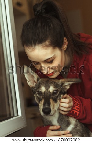 
Portrait of a young woman in a burgundy sweatshirt with freckles who plays with a dog with big ears and brown eyes