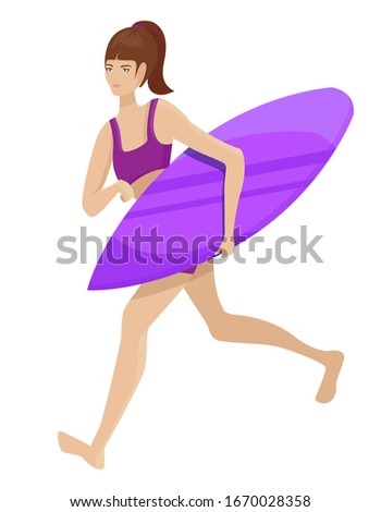 Girl running with surfboard. Surfer in cartoon style isolated on white background.