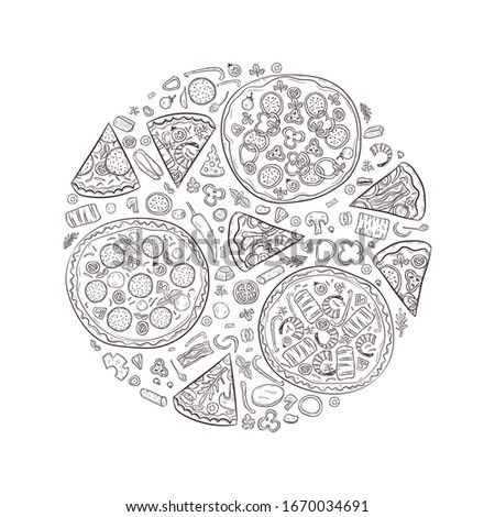 Vector illustration with hand drawn pizza. Circle composition with pizza and ingridients