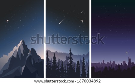 Vector set of night sky landscapes. City, mountains and forest on a background of stars.