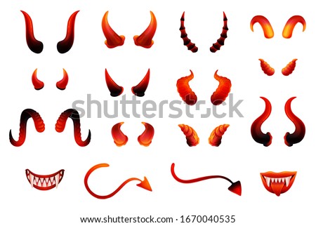 Halloween monster or devil attributes and body parts set, realistic vector illustration isolated on white background. Postcards holiday decoration or stickers. Royalty-Free Stock Photo #1670040535
