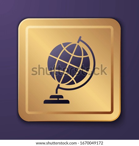 Purple Earth globe icon isolated on purple background. Gold square button. Vector Illustration