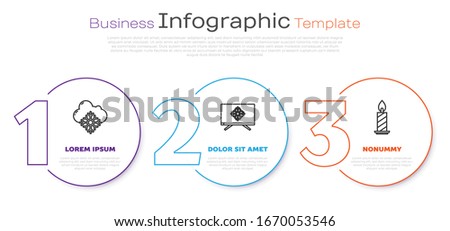 Set line Cloud with snow, Merry Christmas on television and Burning candle in candlestick. Business infographic template. Vector