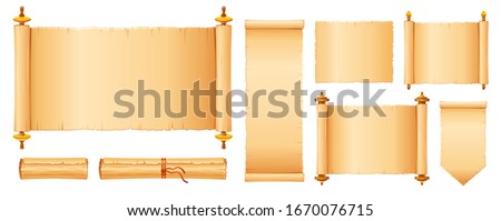 Papyrus scroll set, parchment paper with old texture, vector banner isolated on white background. 3d Vintage roll with wooden handles for map, oll, old, bible, medieval letter. Ancient papyrus scroll Royalty-Free Stock Photo #1670076715