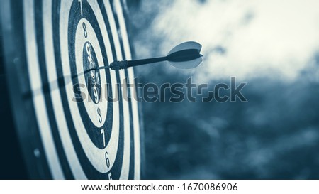 Businessman standing lookup red dart arrow hitting target centre dartboard on sunset background. Black and white picture.