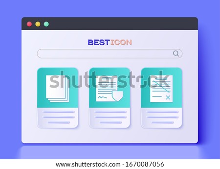 Set Contract with shield, Clean paper and Delete file document icon. Vector