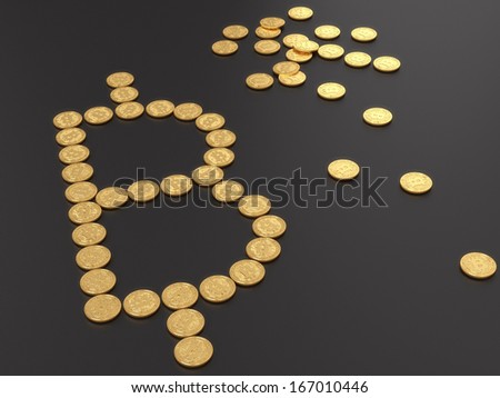 Group of coins arranged in form of Bitcoin sign, digital currency