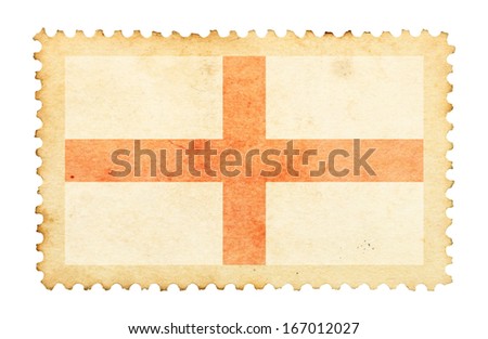 Water stain mark of England flag on an old retro brown paper postage stamp.