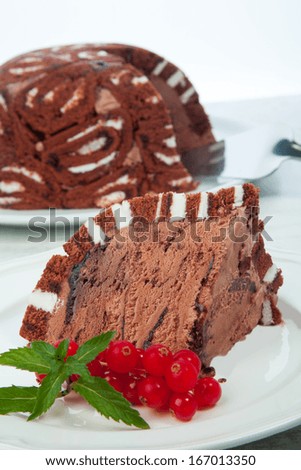 slice of ice cream cake, of chocolate, with fresh fruits