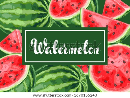 Background with watermelons and slices. Summer fruit decorative illustration.