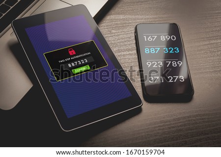 Two step authentication, 2-step Verification SMS code password concept. Smartphone with special 2FA software and tablet pc with multi-factor authentication safety and secure login form. Royalty-Free Stock Photo #1670159704