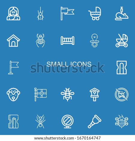 Editable 22 small icons for web and mobile. Set of small included icons line Troglodyte, Beetle, Flag, Stroller, Rat, Dog house, Crib, Pacifier, Baby carriage on blue background
