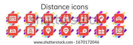 distance icon set. 14 filled distance icons. Included Gps, Route, Tunnel, Location, Binoculars, Tape measure, Walkie talkie, Measure icons