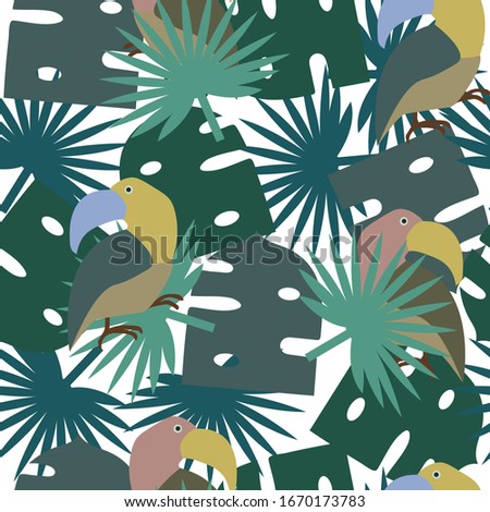 Seamless Vector Pattern with Green, Aquamarine, Turquoise, Ocher, Sand  Tropical Leaves and Birds
