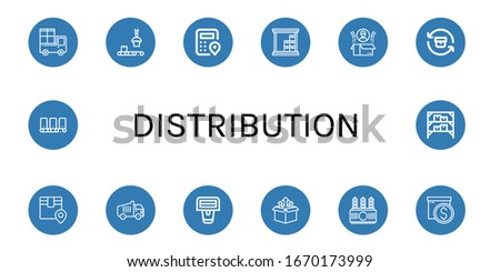 Set of distribution icons. Such as Delivery, Conveyor, Logistics, Warehouse, Box, Return, Garbage truck, Barcode scanner, Power transformer , distribution icons