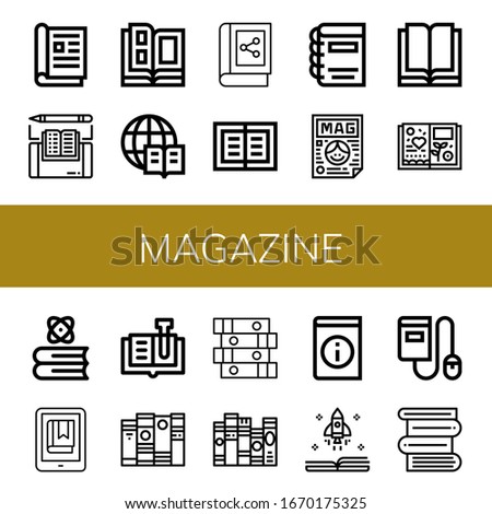 magazine simple icons set. Contains such icons as Magazine, Ebook, Catalog, Encyclopedia, Book, Reading, Scrapbook, Books, can be used for web, mobile and logo