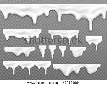 Realistic dripping milk drops, melted white liquid yoghurt, mayonnaise splashes, glossy seamless cream border with falling droplets, molten texture isolated on transparent background, 3d vector mockup Royalty-Free Stock Photo #1670196664