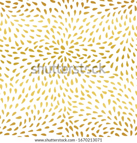 Doodle seamless abstract hand drawn drop pattern in star shape with hand painted irregular gold drops on white background. Graphic, modern design. Fireworks, new year, celebration.