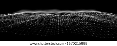 Wireframe Landscape Wire with Depth of Field Effect. 3D Topographic map background concept. Geography concept. Wavy backdrop. Space surface HUD Design Element. Royalty-Free Stock Photo #1670215888