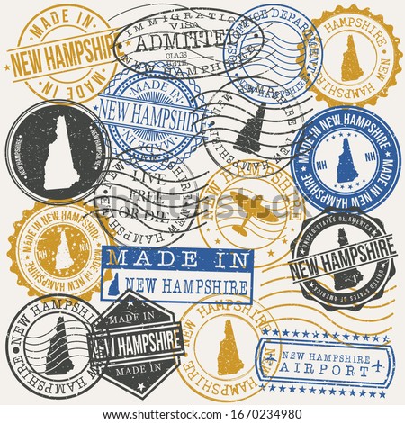 New Hampshire, USA Set of Stamps. Travel Passport Stamps. Made In Product. Design Seals in Old Style Insignia. Icon Clip Art Vector Collection.