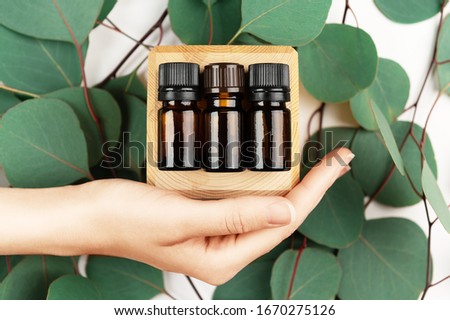 Female hand holding wooden cube with unbranded glass bottle. Cosmetic containers set for natural medicine, essential and massage oil, aromatherapy products. Green eucalyptus leaves on white backdrop Royalty-Free Stock Photo #1670275126