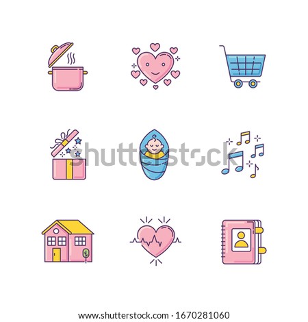 Lifestyle pink and blue RGB color icons set. Cooking recipe. Loving heart. Online purchase. Open gift. Baby boy. Music sound. Contact book for social media highlights. Isolated vector illustrations