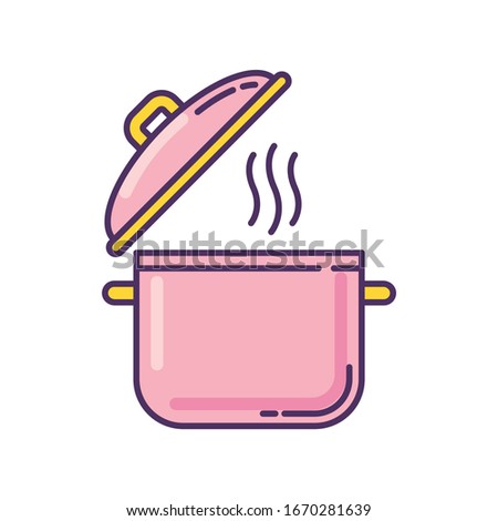 Cooking pot pink RGB color icon. Recipe for casserole. Saucepan with steam. Cute kitchenware. Open pan lid. Hot boiling soup. Prepare broth dish. Cuisine, culinary. Isolated vector illustration