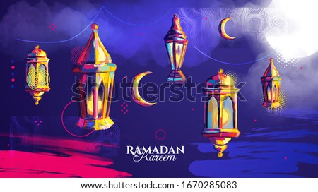 vector illustration of a lantern Fanus, the Muslim feast of the holy month of Ramadan Kareem. illustrations in the style of watercolor paints.  Royalty-Free Stock Photo #1670285083