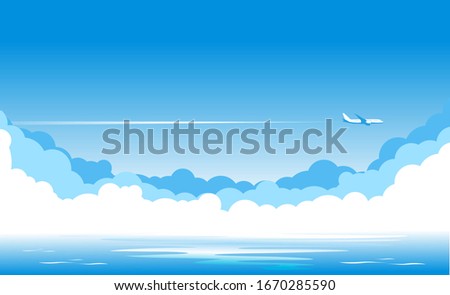 Blue sky with clouds and an airplane flying over yellow sandy desert. Airliner over an oasis in desert with palm trees. Illustration, vector