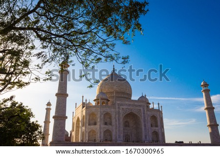 Taj Mahal in Agra city is an ivory-white marble mausoleum on the banks of the Yamuna river in Uttar Pradesh India. Taj Mahal is one of the 7 wonders of the world. Architecture of Taj Mahal. - Image
