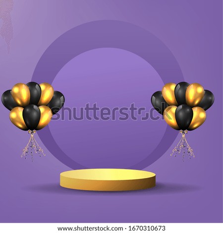 Metallic golden stage with flying  balloons, round platform, realistic minimal background, 3d luxury scene on purplefor product presentation or mockup. Vector Illustration