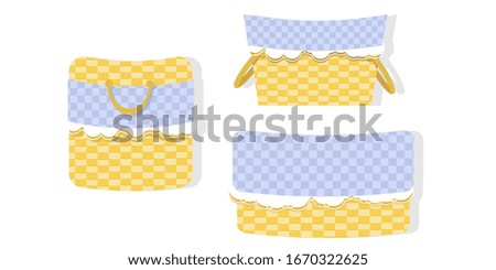set of light brown wicker empty basket with blue checkered linen and white lace. Romantic illustration in flat style. Cute vector for clip art picnic or table decoration