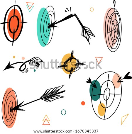 Target and arrow icon vector doodle style, isolated.Arrow hitting the center of target, doodle style, sketch illustration, hand drawn, vector.a broken arrow, an arrow  didn't hit the target.