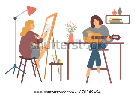 Woman at home vector, hobby of lady sitting on high stool playing guitar. Guitarist musician and painter, artist with brushes easel with canvas interest