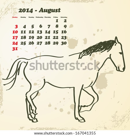 August 2014 hand drawn horse calendar - vector illustration