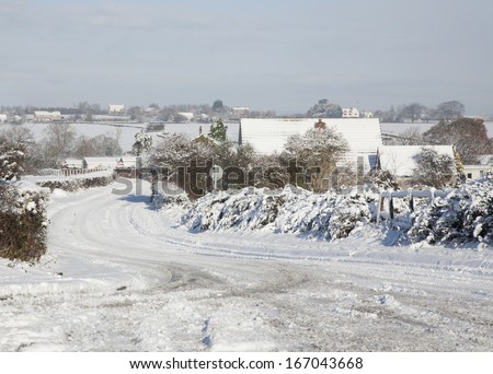 Somerset country lane covered in a heavy fall of snow