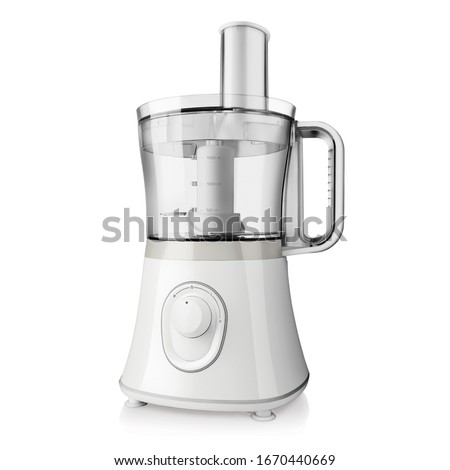 Food Processor Isolated on White Background. Electric Kitchen Small & Domestic Appliance. Modern Liquidiser Side Front View. White Countertop Blender. Silver Multifunction Mixer Smoothie Maker Royalty-Free Stock Photo #1670440669