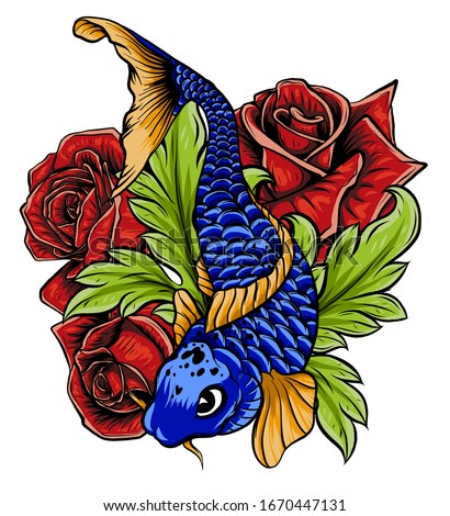 hand drawn koi fish with flower tattoo for Arm.Colorful Koi carp with Water splash