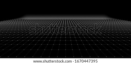 Wide Black Blueprint Background Texture. Perspective Grid with Depth of Field Effect (DoF). Vector for Your Graphic Design. Royalty-Free Stock Photo #1670447395