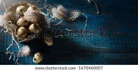 Easter banner background; Retro style picture with Easter eggs and feathers in silver basket  on dark blue background. Top view, flat lay with copy space.
