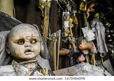 Creepy old dolls in the abandoned Island of the Dolls, Xochimilco, southern Mexico City Royalty-Free Stock Photo #1670486098