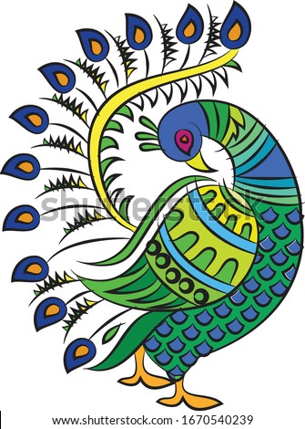 Kalamkari Indian traditional art on linen fabrics. peacock design on the different background