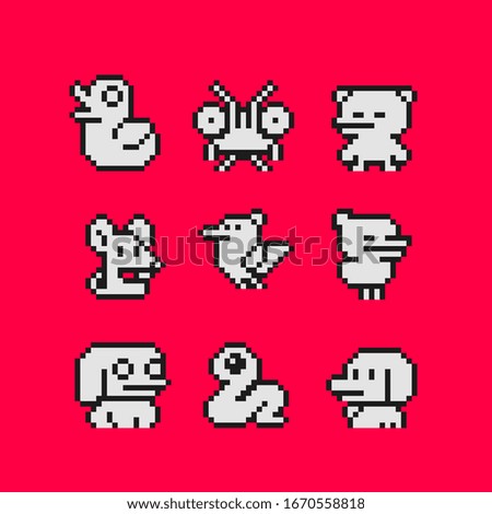 Abstract cute animals characters pixel art icons set, duck, dog, chicken, mouse, design for logo, sticker, stamp, web, mobile app, isolated vector illustration. Game assets 1-bit sprite. 
