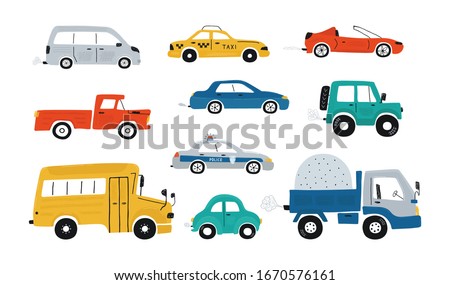 Cute collection colorful cars isolated on a white background. Icons in hand drawn style for design of children's rooms, clothing, textiles. Vector illustration