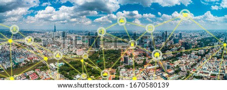 smart city and wireless communication network, abstract image visual, internet of things. Hochiminh city, Vietnam